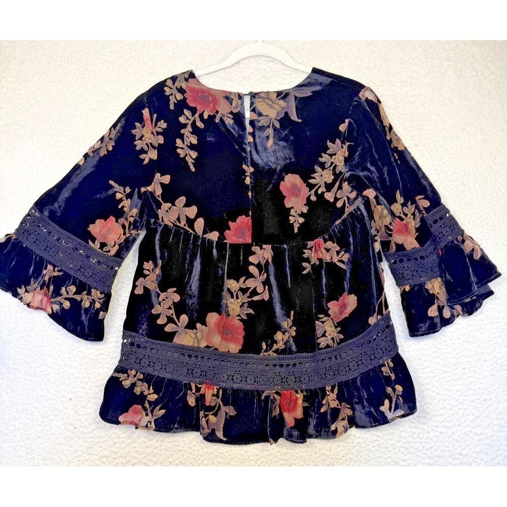Maeve Blouse Womens XS Black Velvet Floral Lace Ruffle Whimsygoth Babydoll - Picture 3 of 6